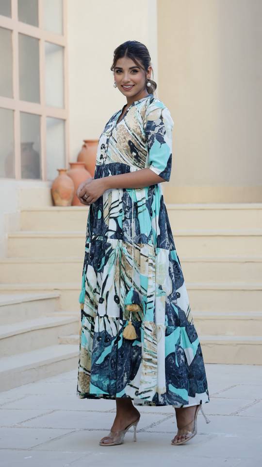 Aqua Abstract Print Maxi Dress with Artistic Flair | Maxi Dress | Shop stylish women's clothing online at Label Flavia |