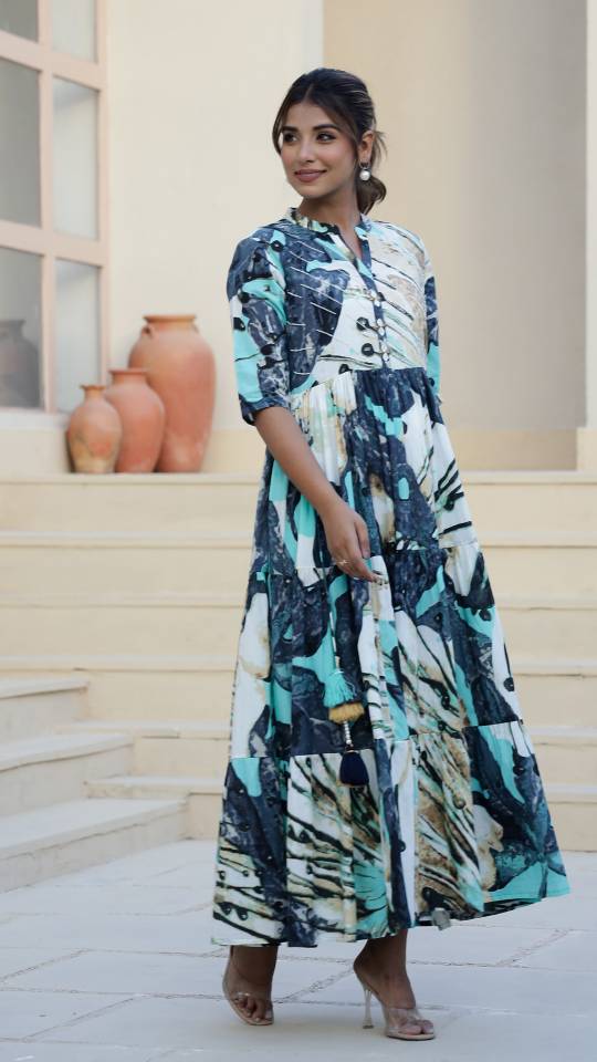 Aqua Abstract Print Maxi Dress with Artistic Flair | Maxi Dress | Shop stylish women's clothing online at Label Flavia |