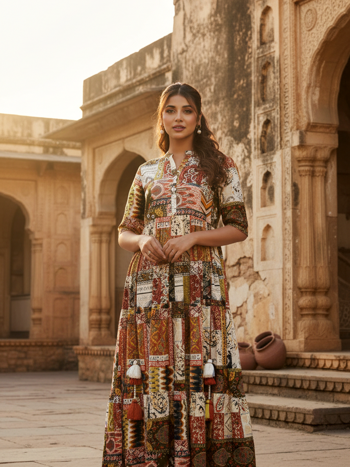 Boho Patchwork Print Tiered Cotton Maxi Dress