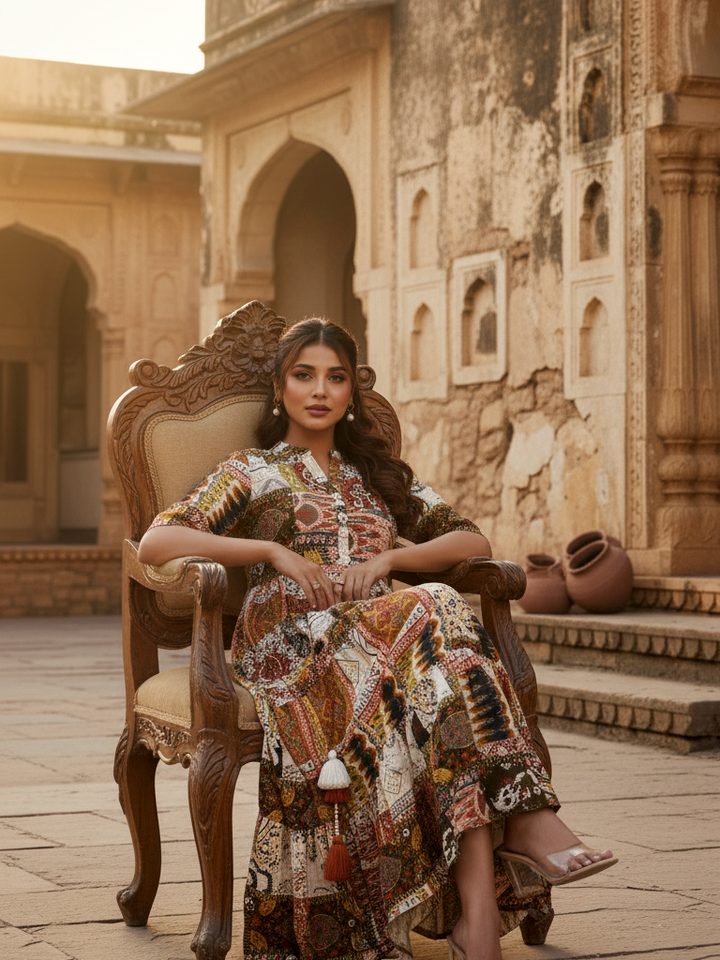 Boho Patchwork Print Tiered Cotton Maxi Dress