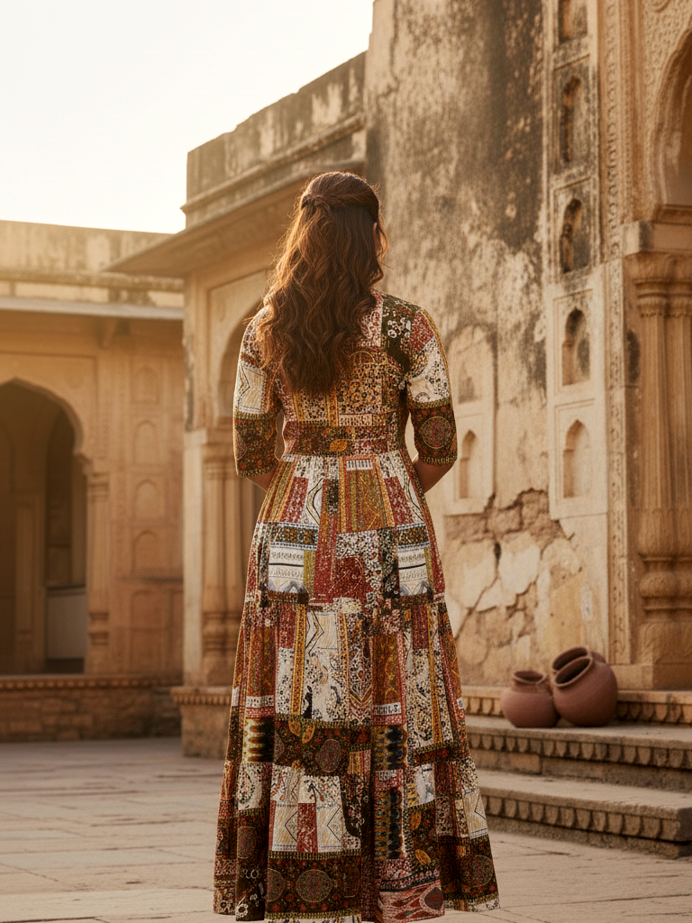 Boho Patchwork Print Tiered Cotton Maxi Dress