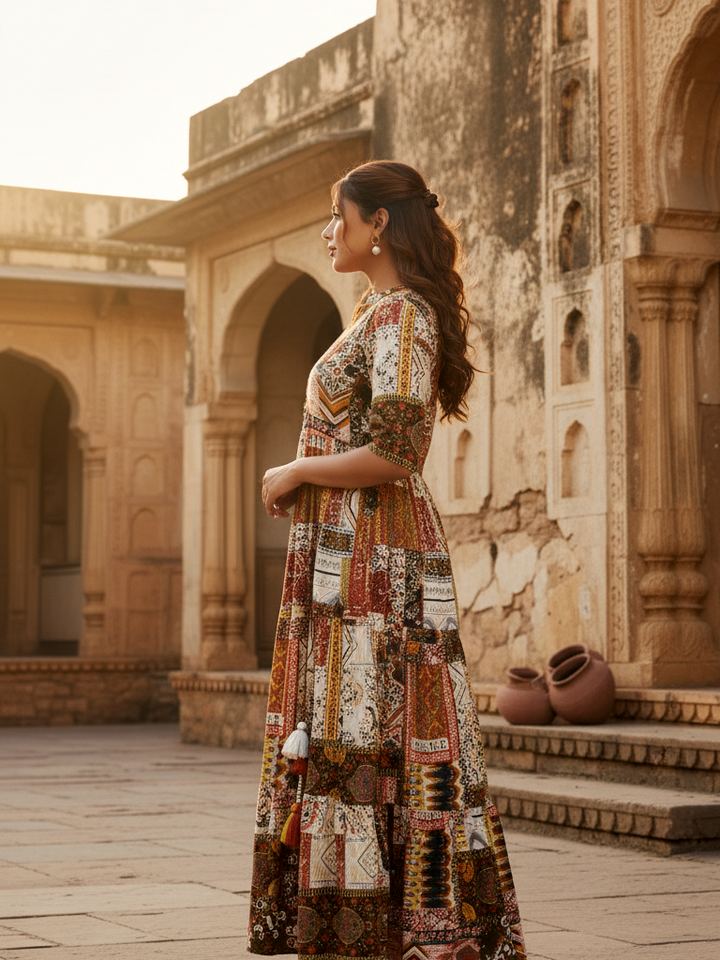 Boho Patchwork Print Tiered Cotton Maxi Dress