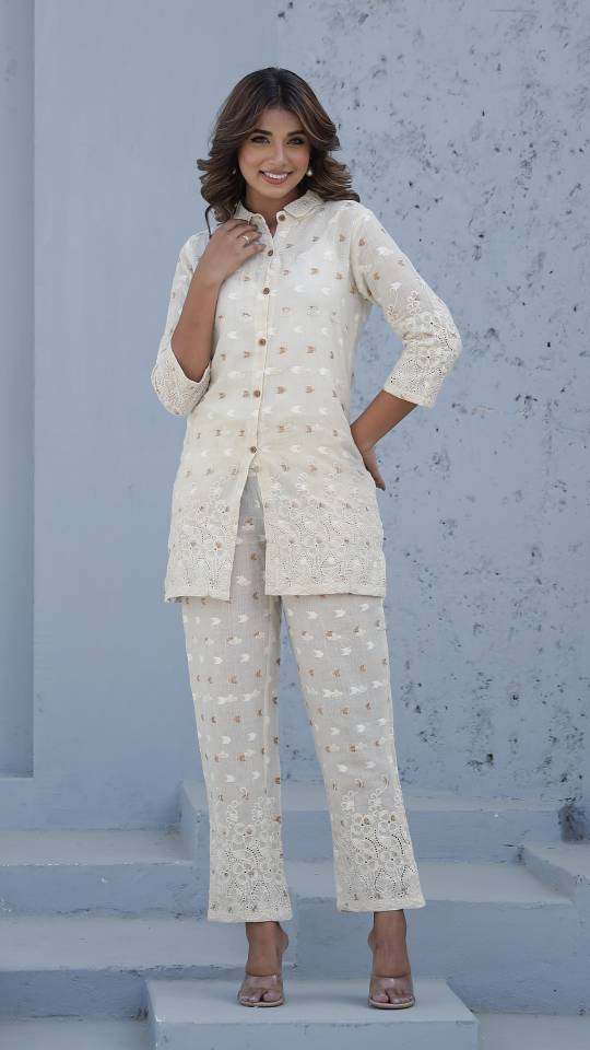 Elegant Cotton Dobby Schiffli Co-ord Set for Indian Women – Casual Luxe Style