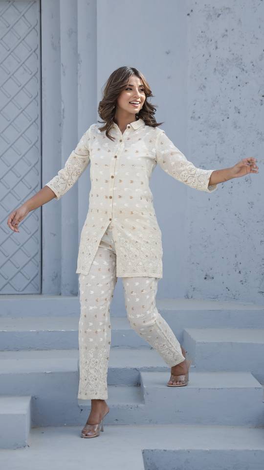 Elegant Cotton Dobby Schiffli Co-ord Set for Indian Women – Casual Luxe Style