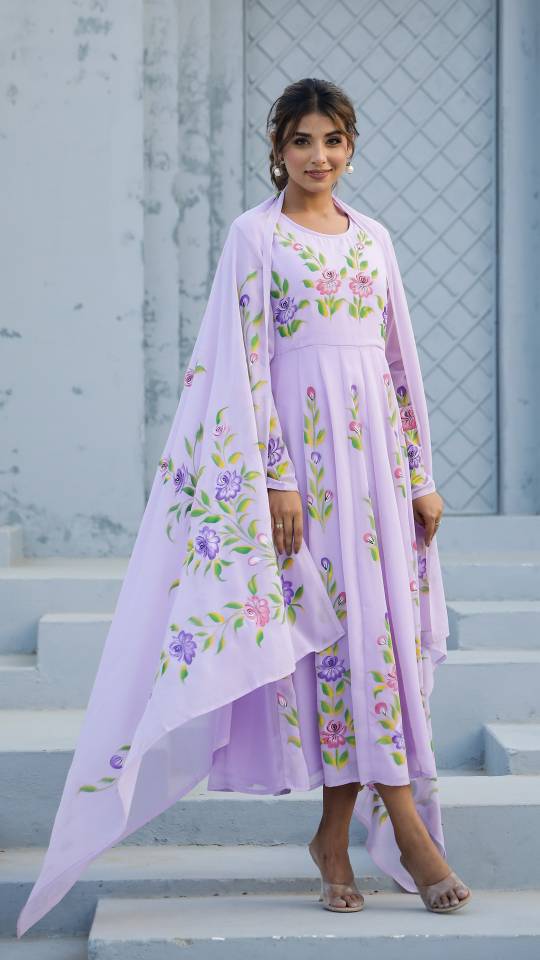 Georgette Anarkali Kurta & Dupatta Set with Hand-Painted Brush Work – Elegant Festive Wear