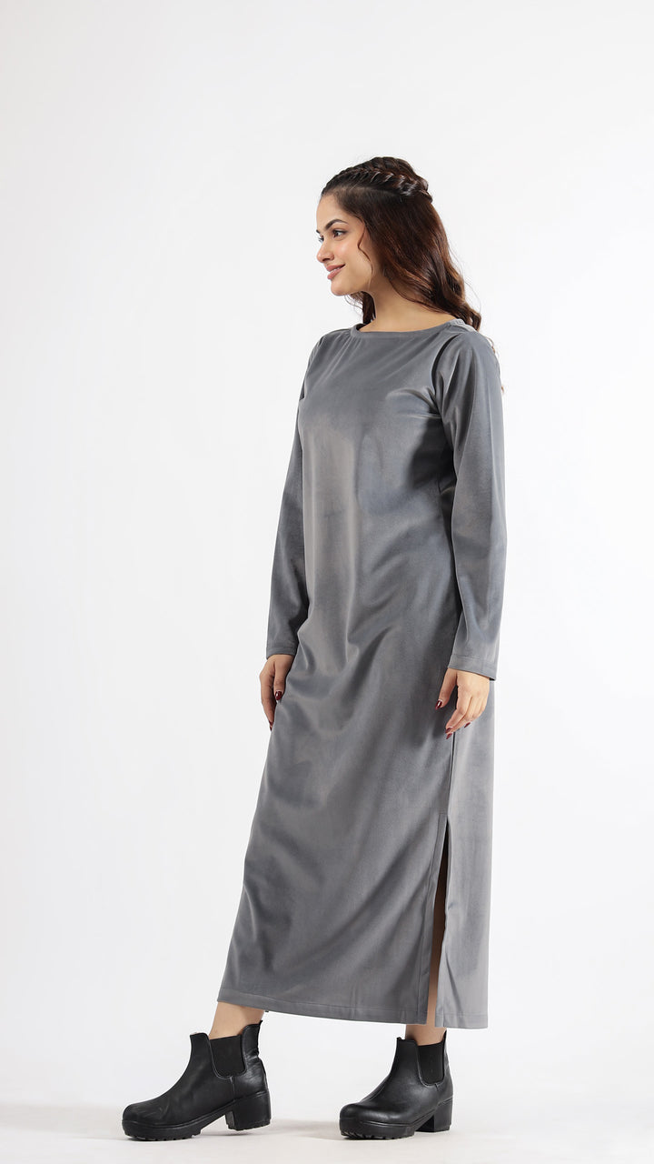 Sophisticated Grey Velvet Midi Dress for Elegant Evenings | | Shop stylish women's clothing online at Label Flavia |