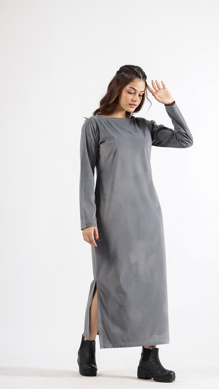 Sophisticated Grey Velvet Midi Dress for Elegant Evenings | | Shop stylish women's clothing online at Label Flavia |