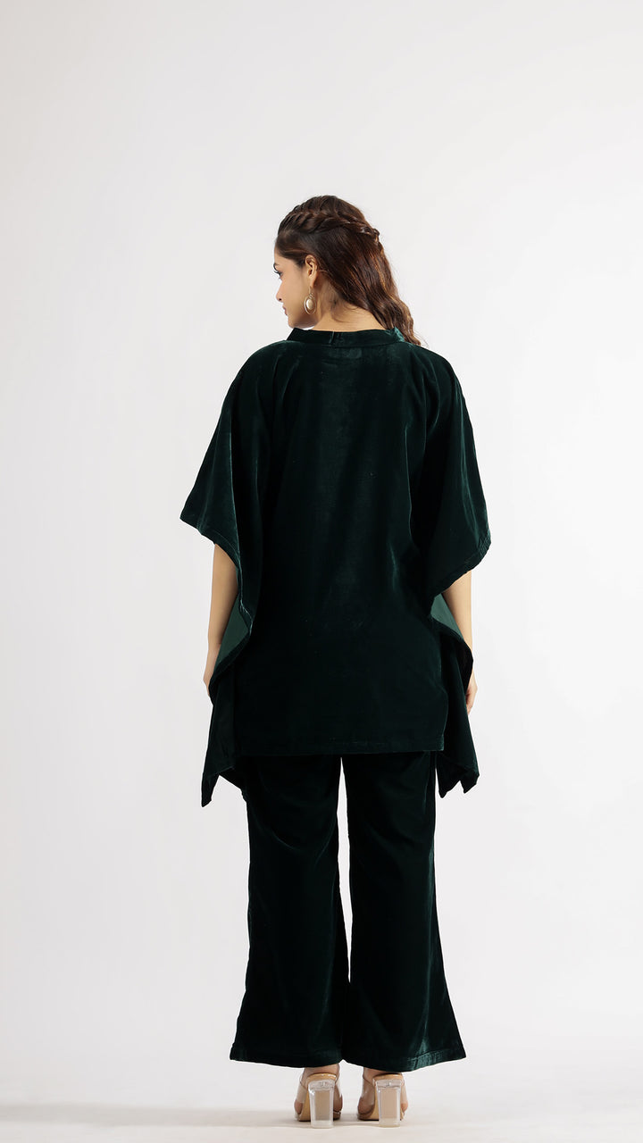 Luxurious Dark Green Velvet Kaftan Co-ord Set with V-Neck | Co-Ord Set | Shop stylish women's clothing online at Label Flavia |