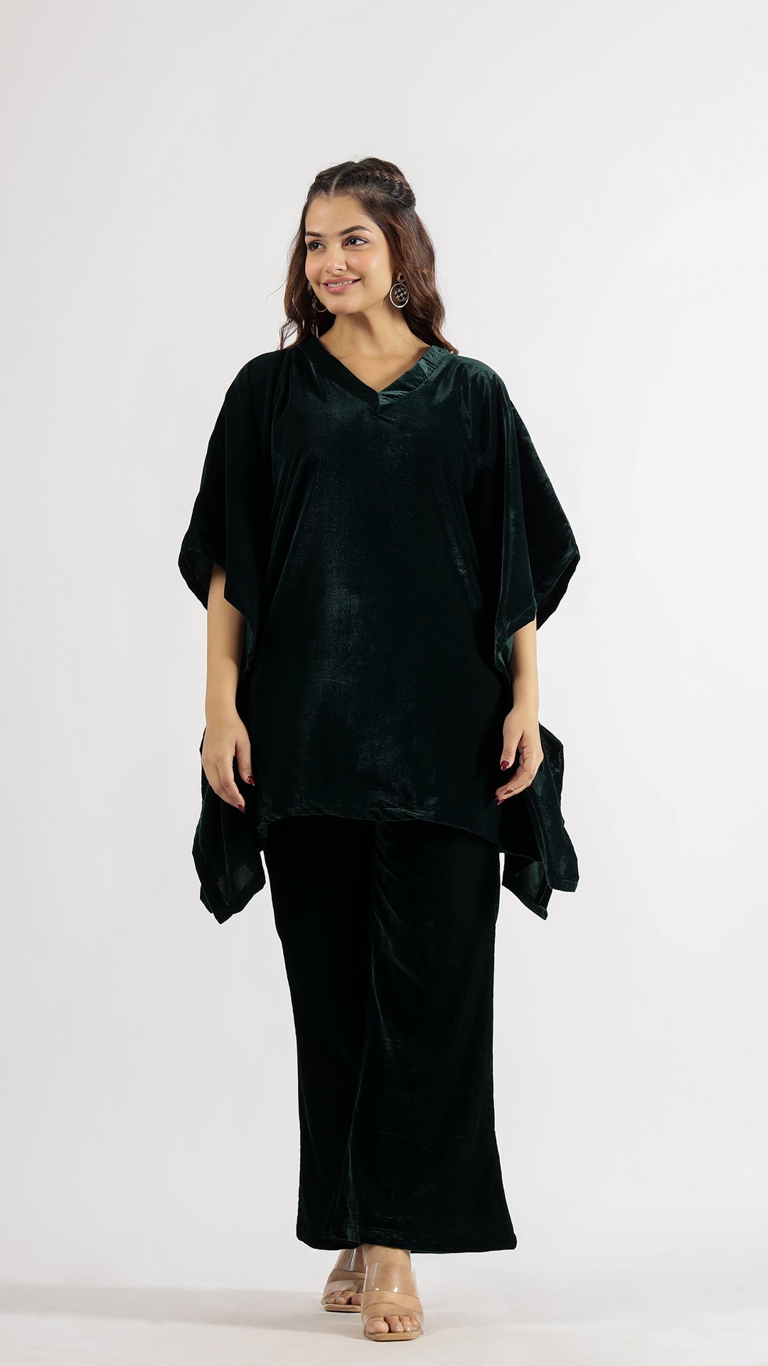 Luxurious Dark Green Velvet Kaftan Co-ord Set with V-Neck | Co-Ord Set | Shop stylish women's clothing online at Label Flavia |