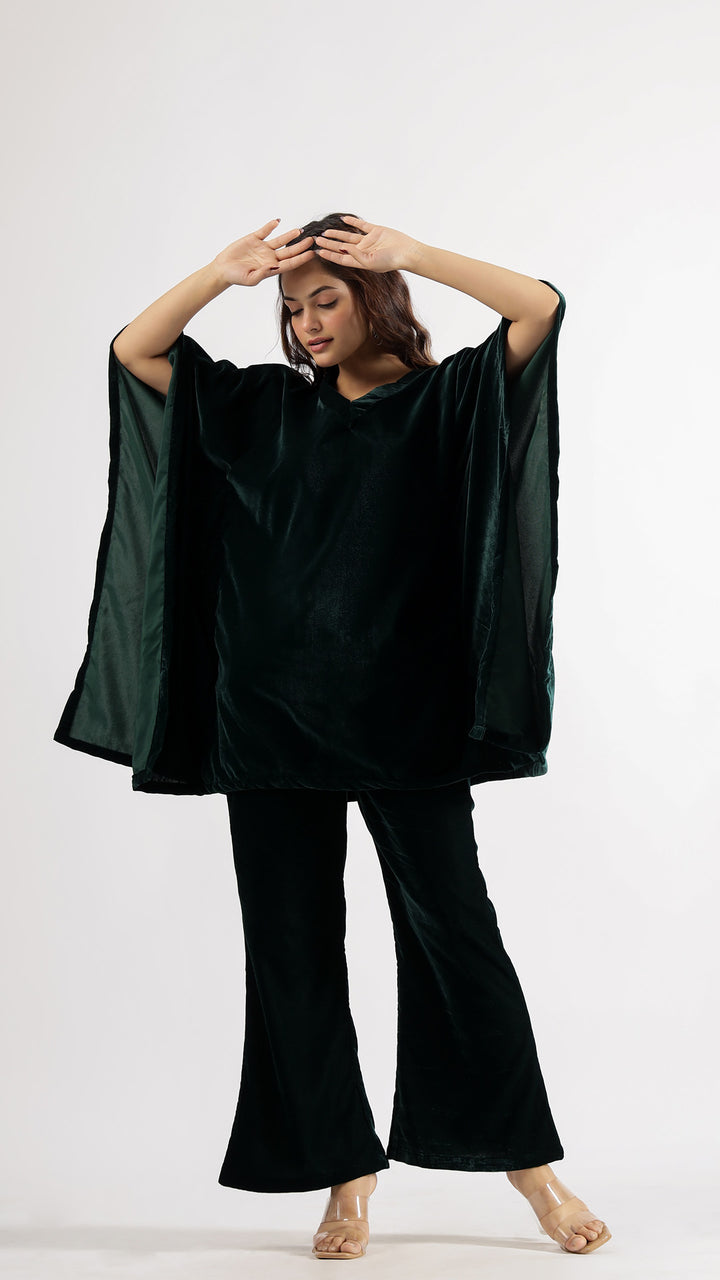 Luxurious Dark Green Velvet Kaftan Co-ord Set with V-Neck | Co-Ord Set | Shop stylish women's clothing online at Label Flavia |