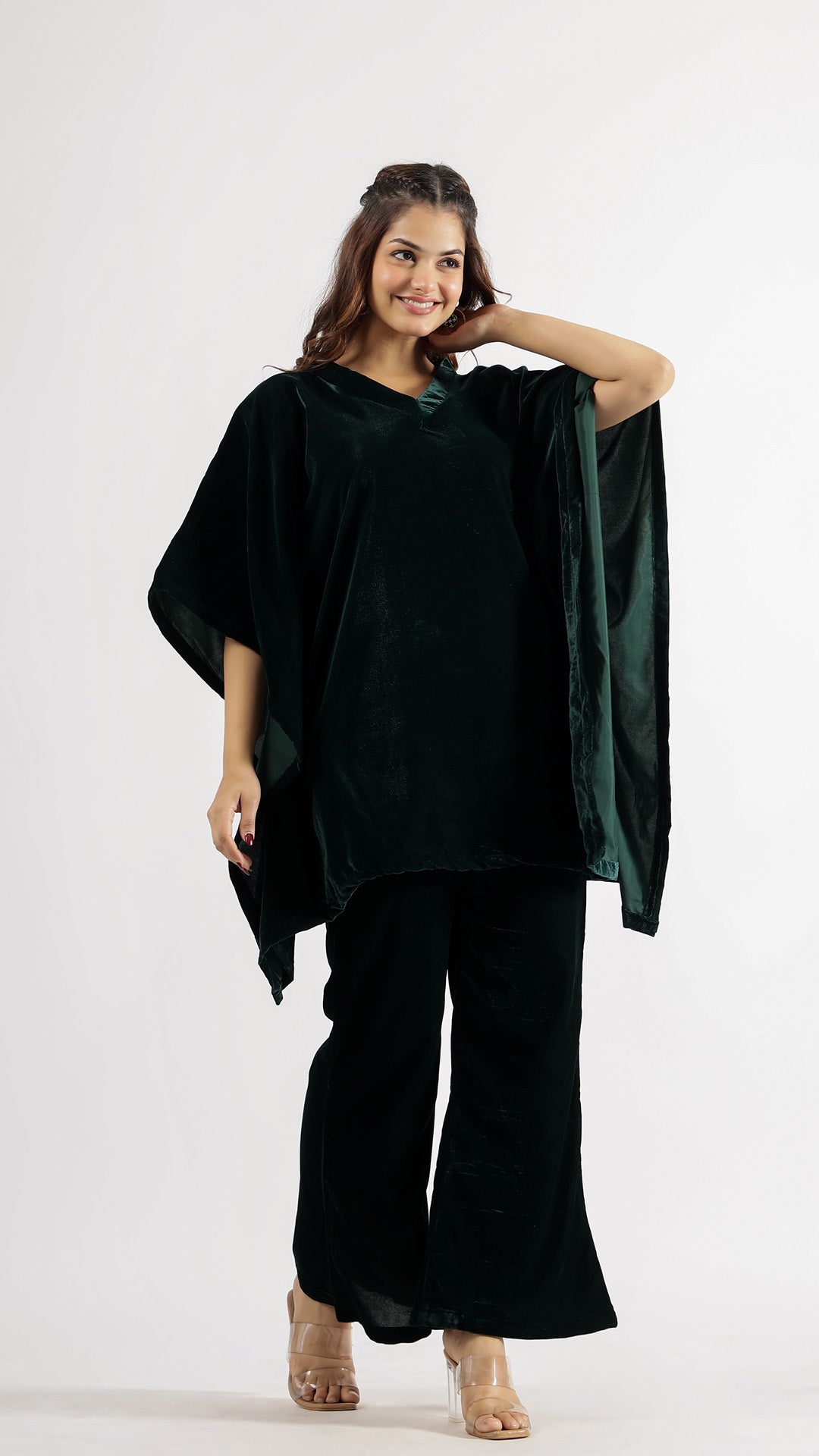 Luxurious Dark Green Velvet Kaftan Co-ord Set with V-Neck | Co-Ord Set | Shop stylish women's clothing online at Label Flavia |