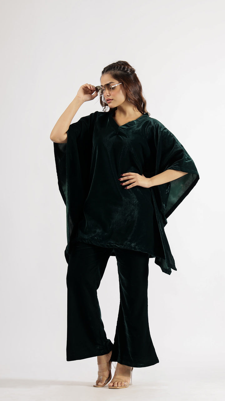 Luxurious Dark Green Velvet Kaftan Co-ord Set with V-Neck | Co-Ord Set | Shop stylish women's clothing online at Label Flavia |