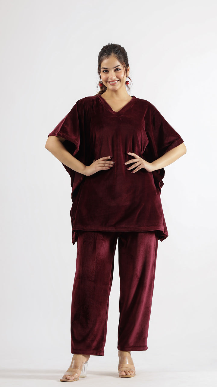 Maroon Velvet Kaftan Co-ord Set | Co-Ord Set | Shop stylish women's clothing online at Label Flavia |