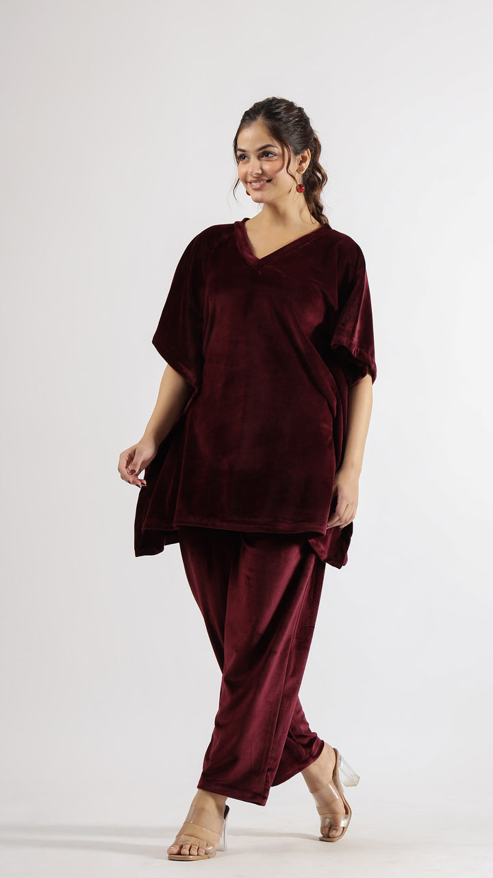 Maroon Velvet Kaftan Co-ord Set | Co-Ord Set | Shop stylish women's clothing online at Label Flavia |