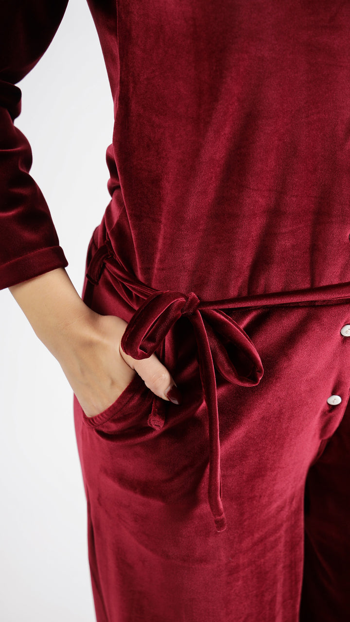 Maroon Velvet Jumpsuit with Belt and Collared Neck