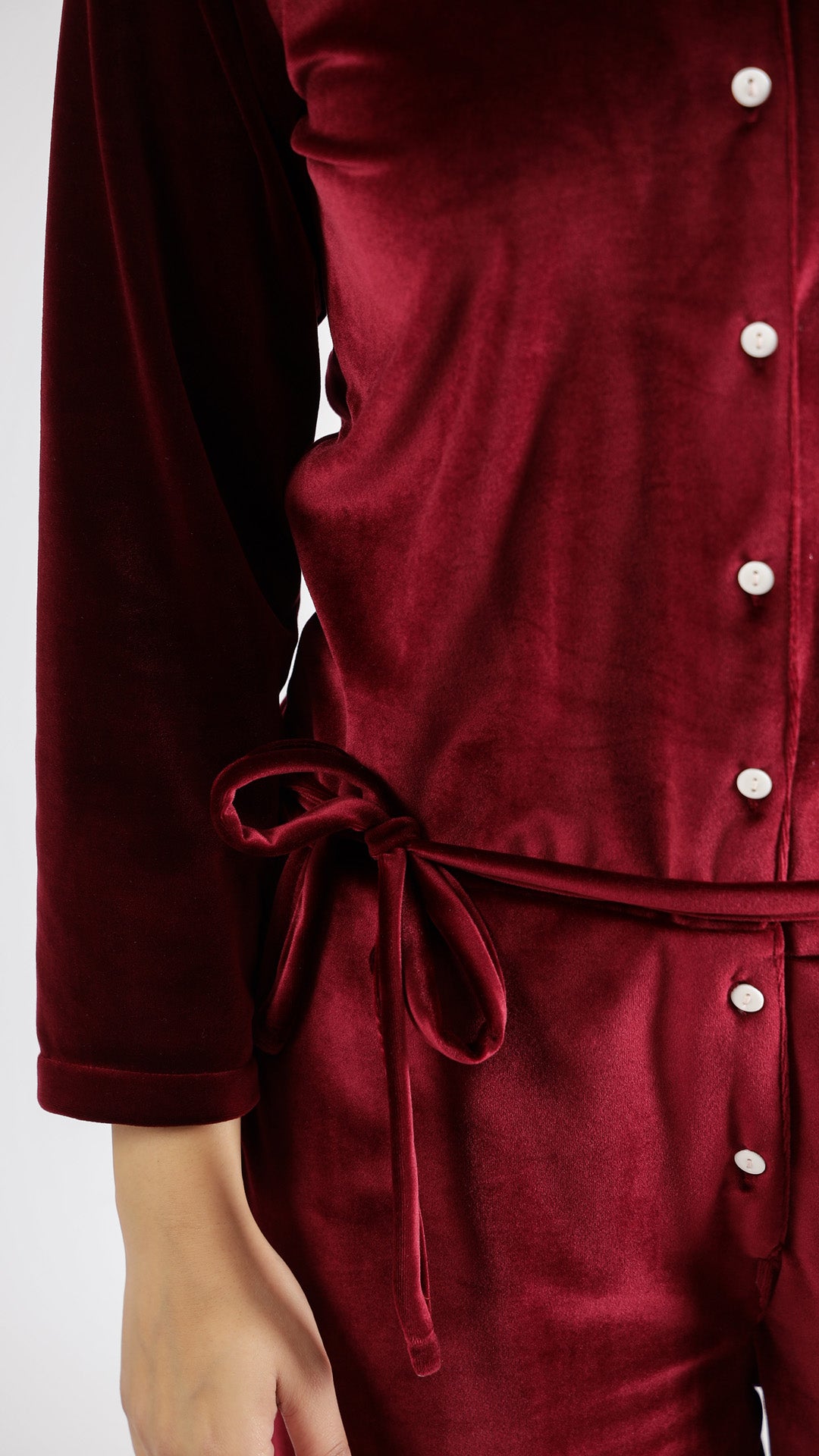 Maroon Velvet Jumpsuit with Belt and Collared Neck