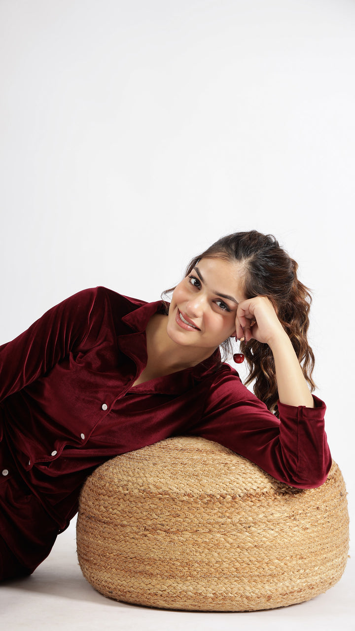 Maroon Velvet Jumpsuit with Belt and Collared Neck