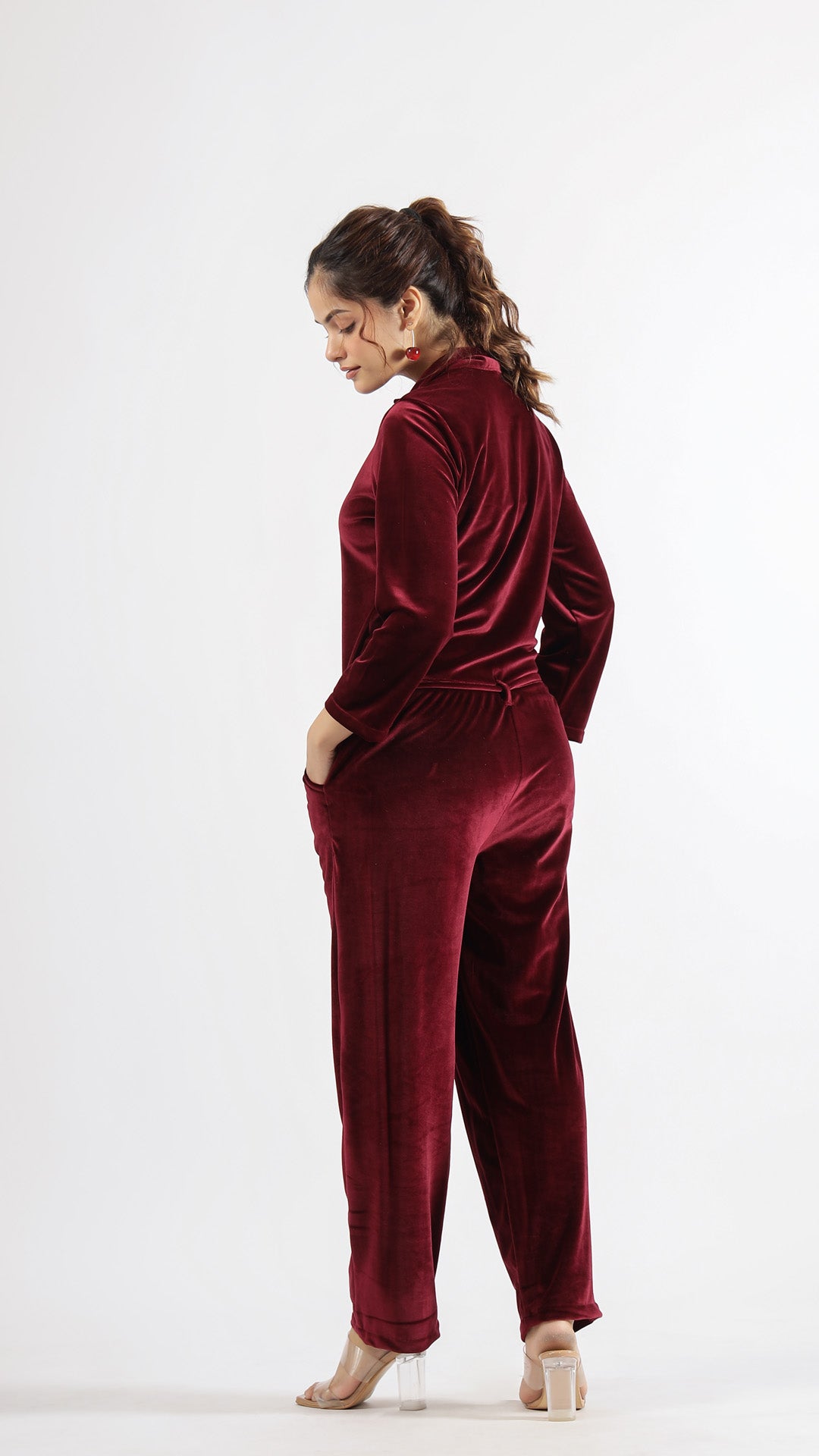 Maroon Velvet Jumpsuit with Belt and Collared Neck