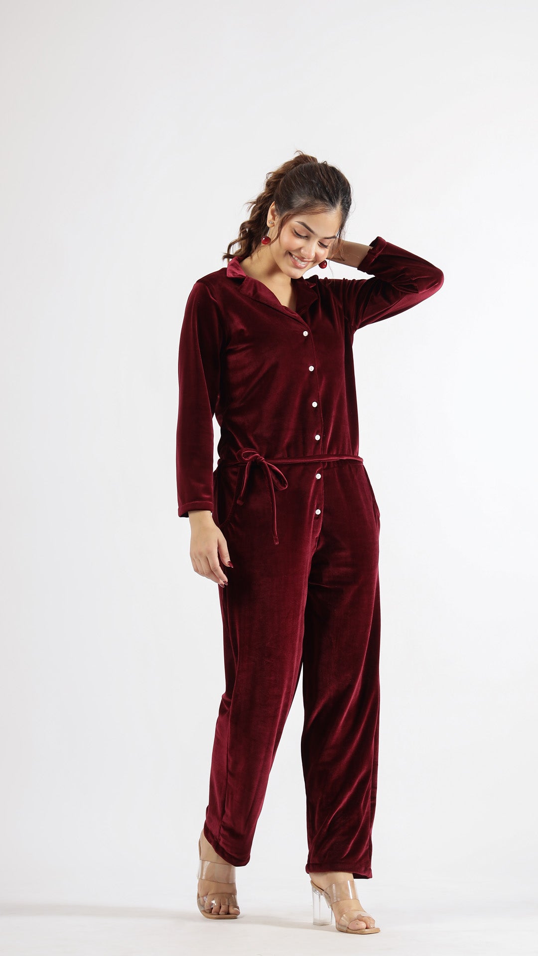 Maroon Velvet Jumpsuit with Belt and Collared Neck