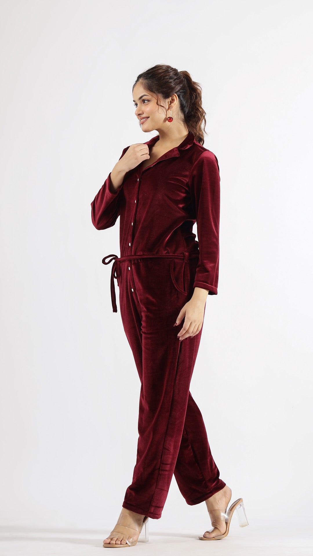 Maroon Velvet Jumpsuit with Belt and Collared Neck