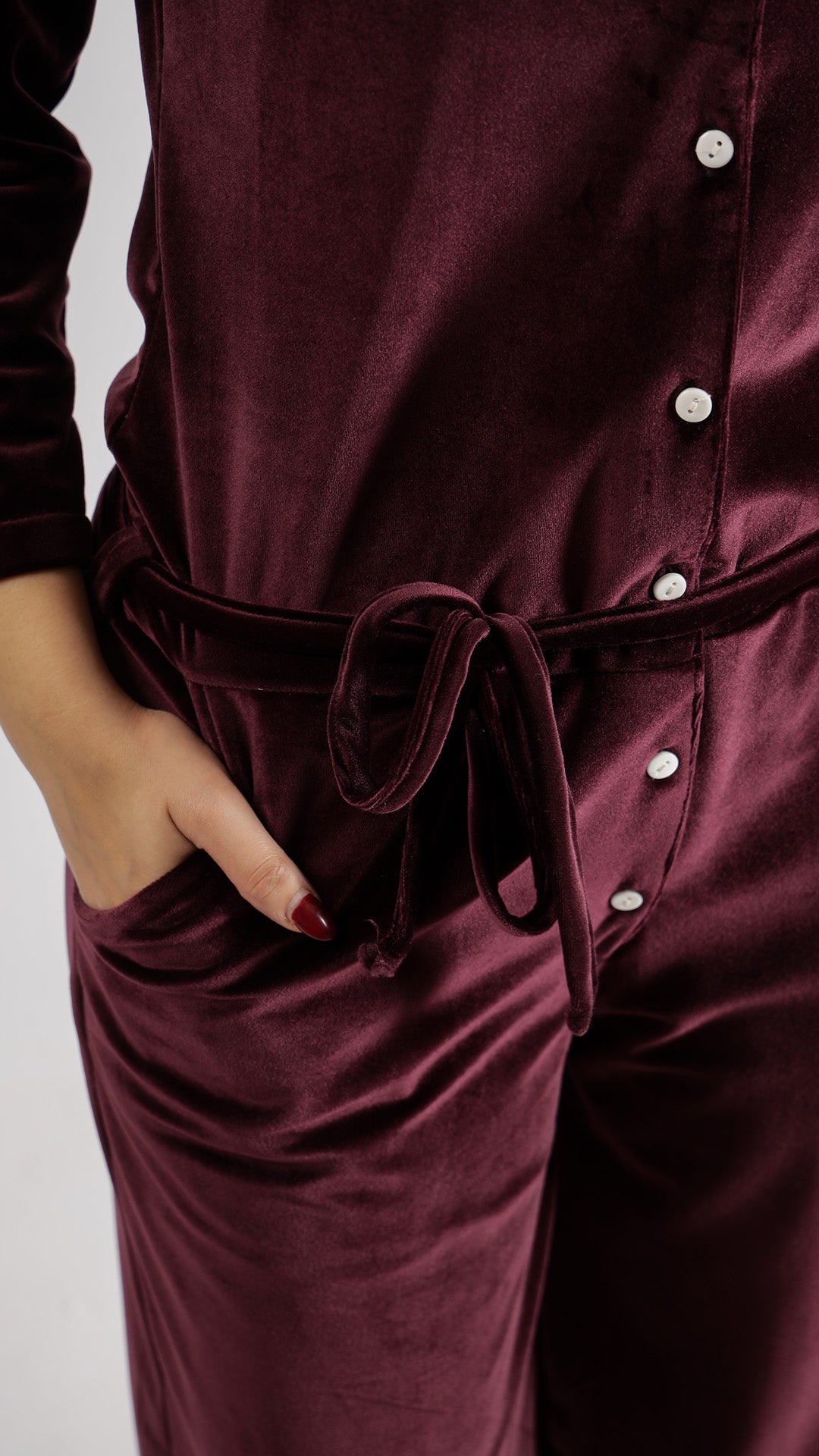 Wine Velvet Jumpsuit with Belt and Collared Neck