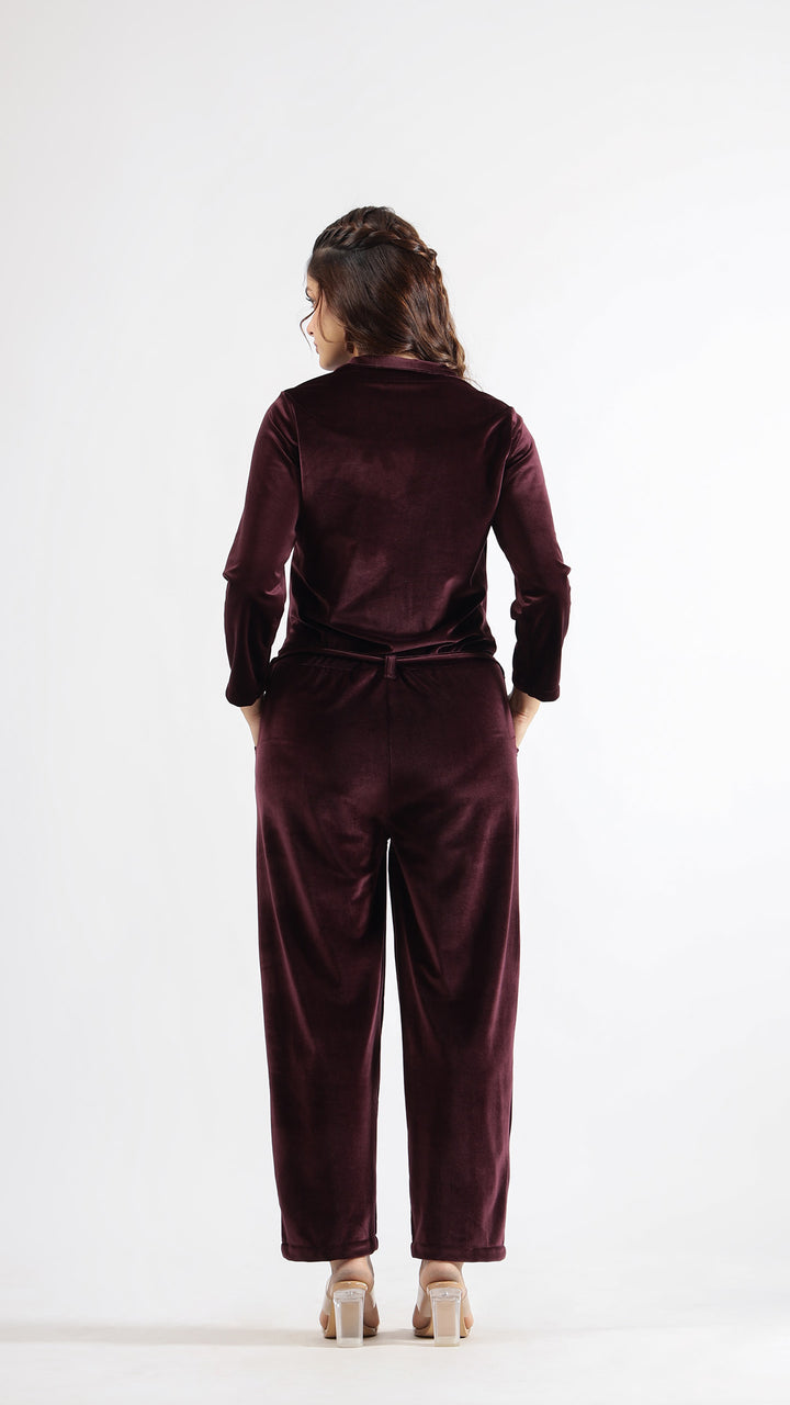 Wine Velvet Jumpsuit with Belt and Collared Neck