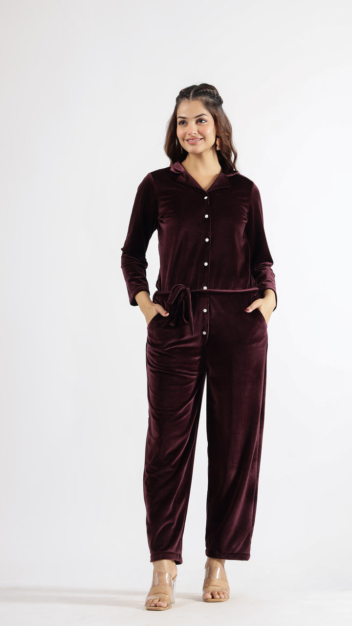 Wine Velvet Jumpsuit with Belt and Collared Neck