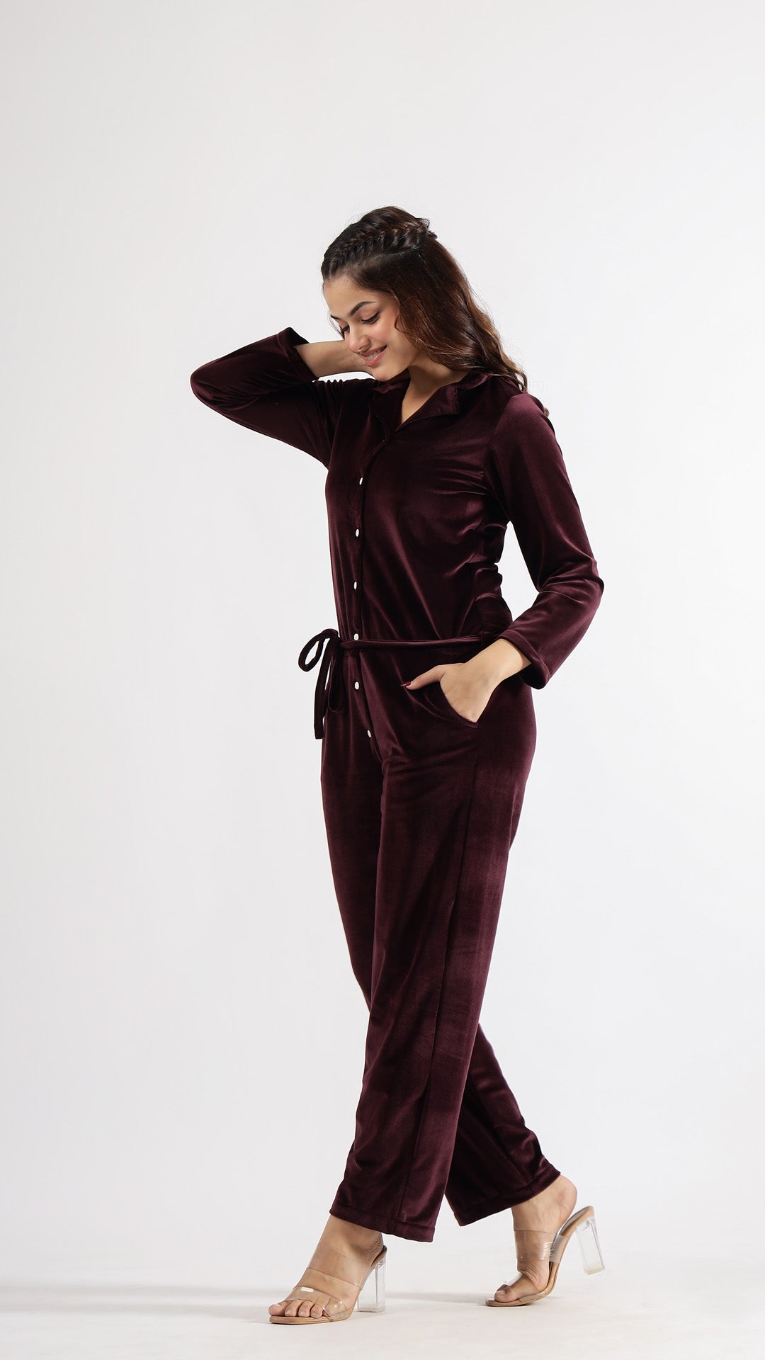 Wine Velvet Jumpsuit with Belt and Collared Neck