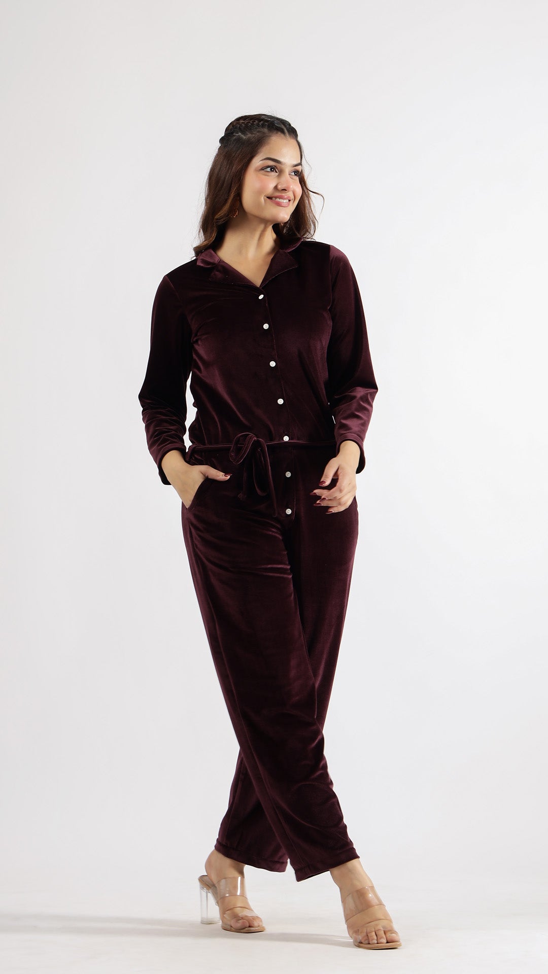 Wine Velvet Jumpsuit with Belt and Collared Neck