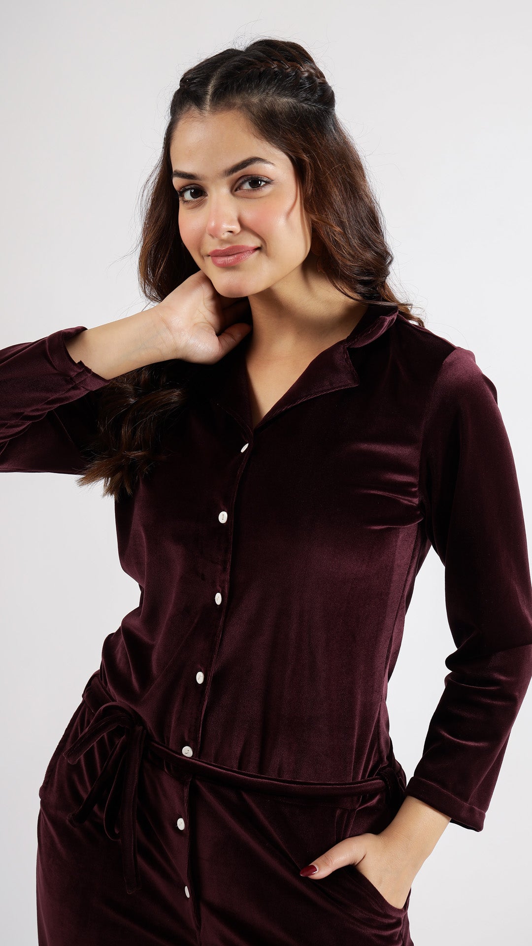 Wine Velvet Jumpsuit with Belt and Collared Neck