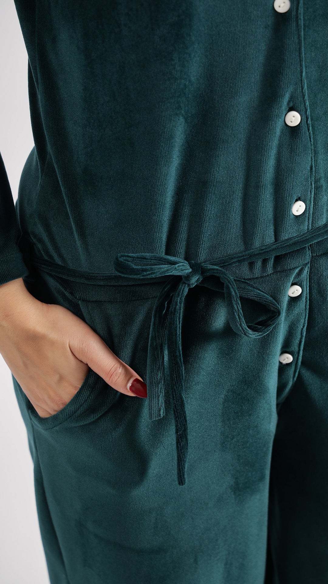 Dark Green Velvet Jumpsuit with Belt and Collared Neck