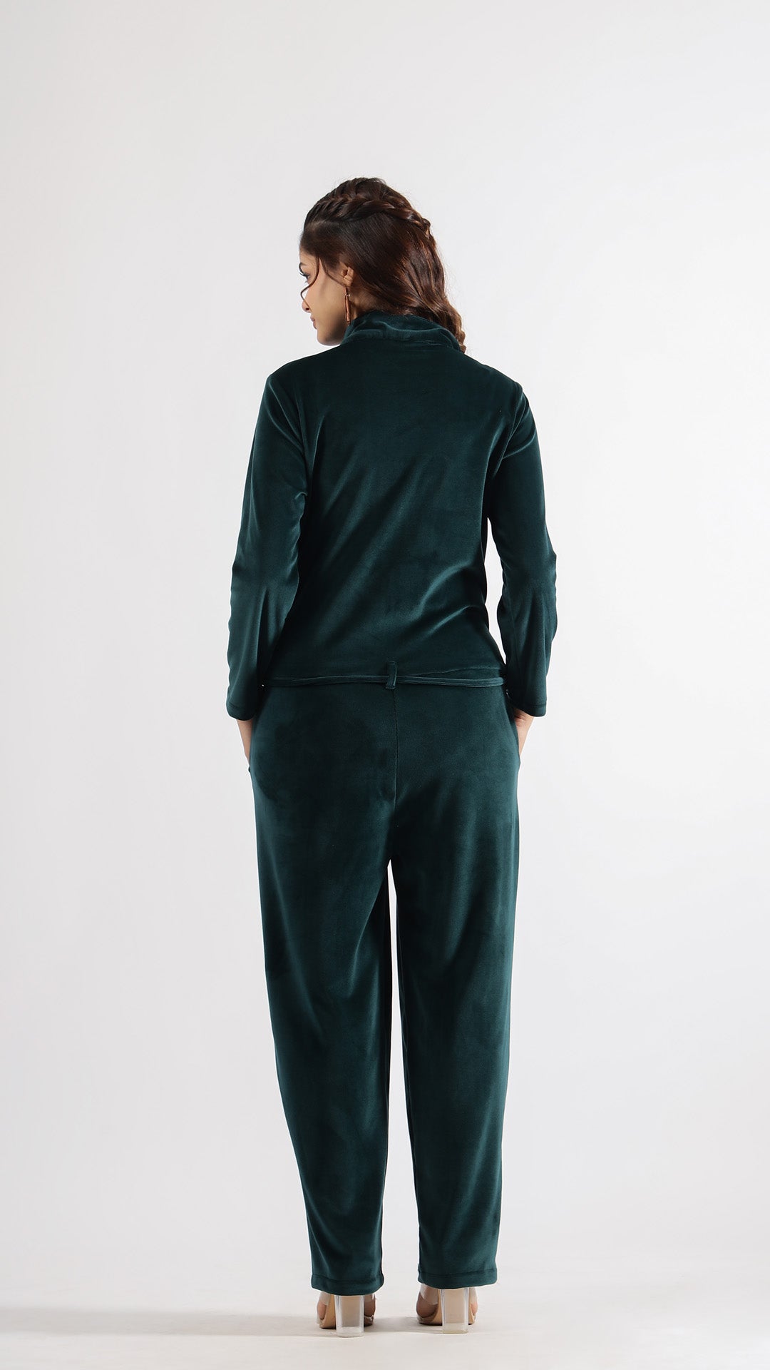 Dark Green Velvet Jumpsuit with Belt and Collared Neck