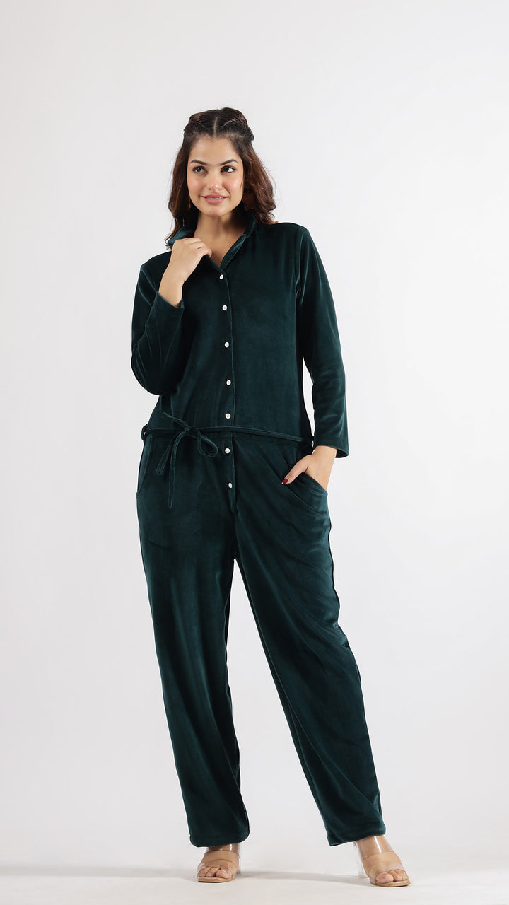 Dark Green Velvet Jumpsuit with Belt and Collared Neck