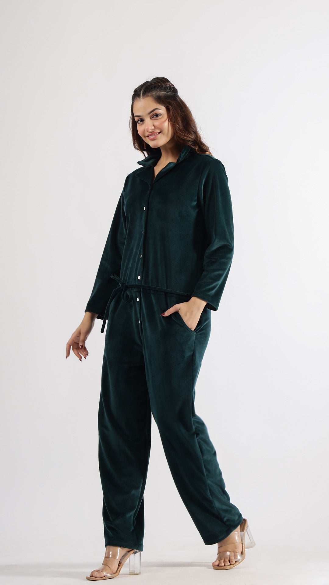 Dark Green Velvet Jumpsuit with Belt and Collared Neck