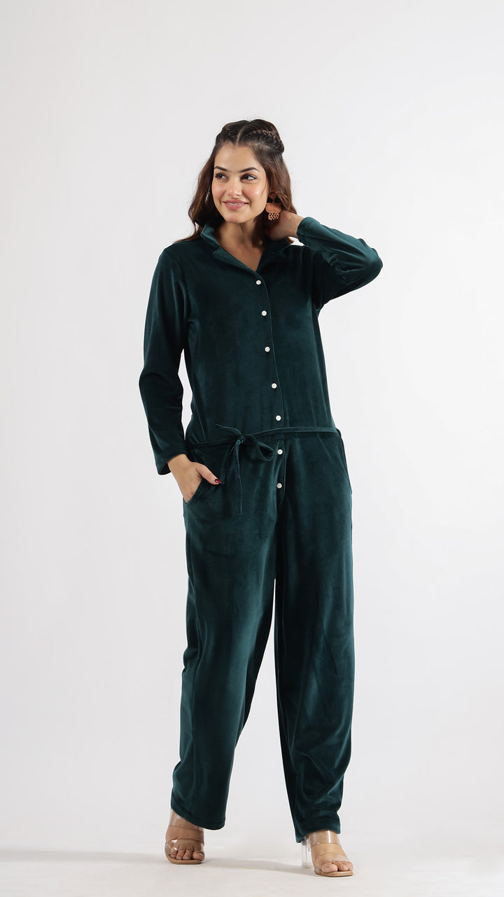 Dark Green Velvet Jumpsuit with Belt and Collared Neck