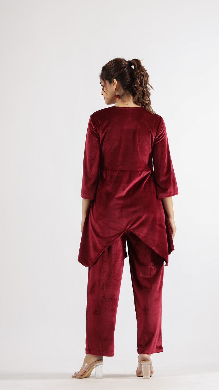 Maroon Velvet Embellished Co-ord Set | Co-Ord Set | Shop stylish women's clothing online at Label Flavia |