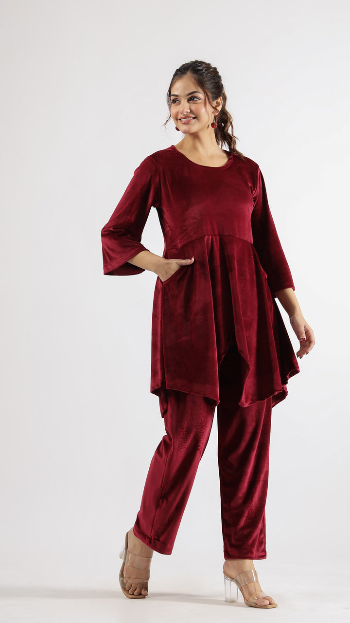 Maroon Velvet Embellished Co-ord Set | Co-Ord Set | Shop stylish women's clothing online at Label Flavia |