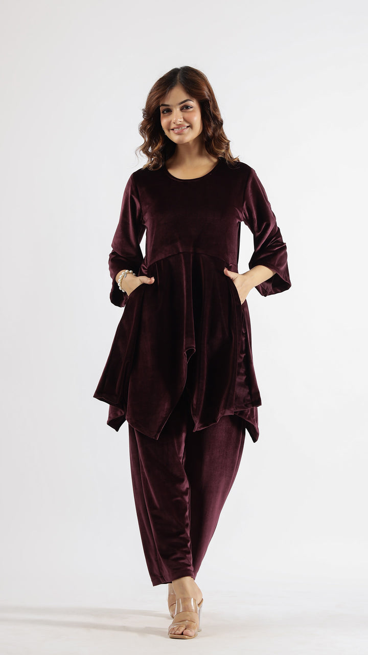 Wine Velvet Embellished Co-ord Set | Co-Ord Set | Shop stylish women's clothing online at Label Flavia |