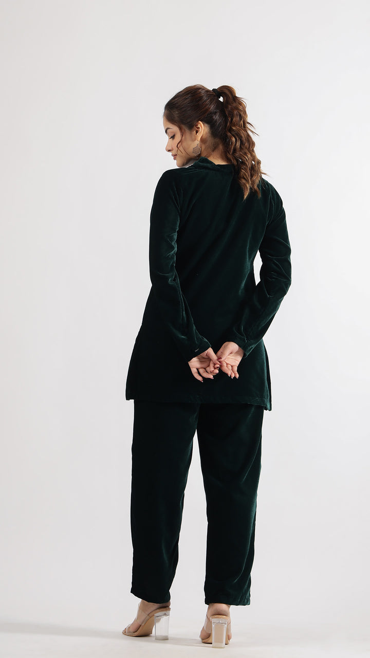 Dark Green Boat Neck Velvet Detailed Co-ord Set | Co-Ord Set | Shop stylish women's clothing online at Label Flavia |