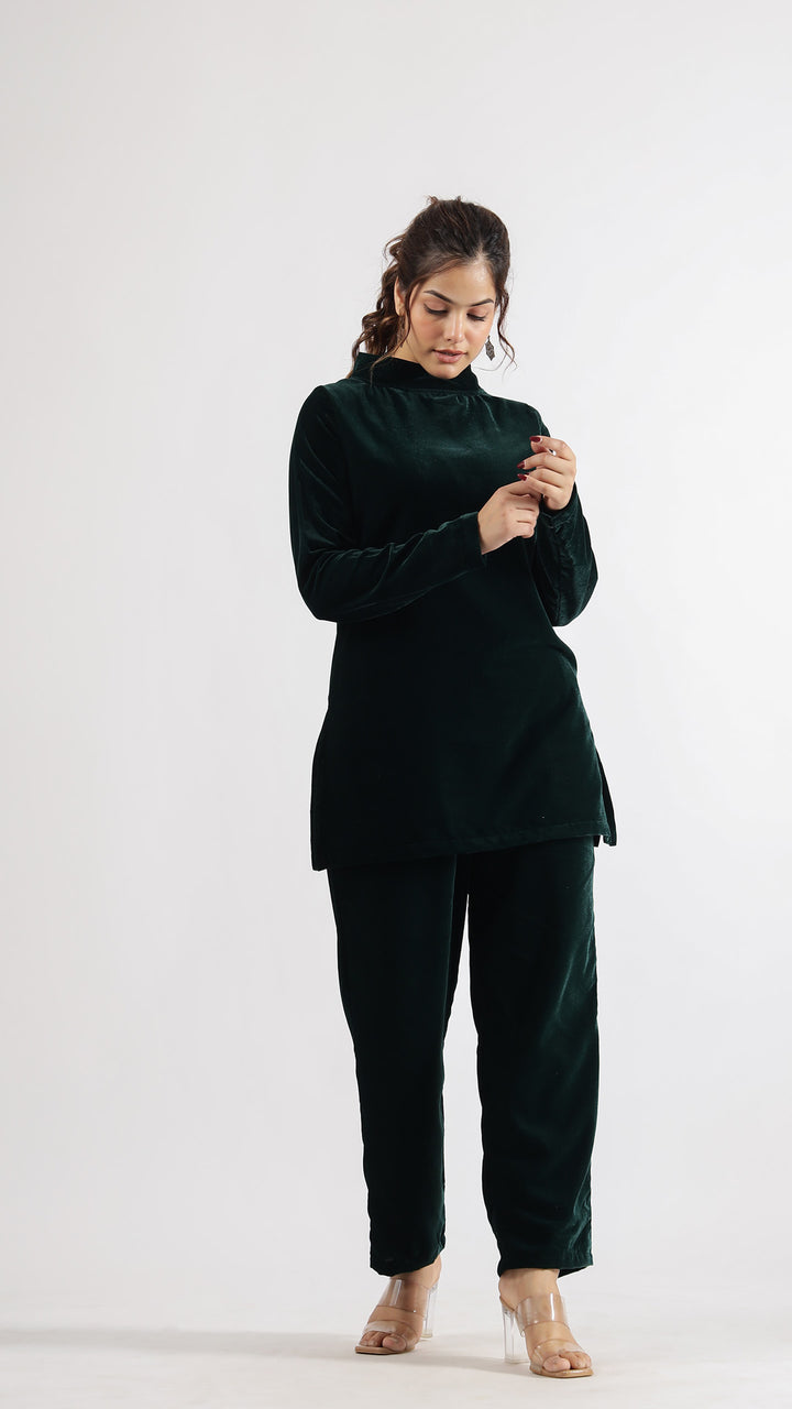 Dark Green Boat Neck Velvet Detailed Co-ord Set | Co-Ord Set | Shop stylish women's clothing online at Label Flavia |