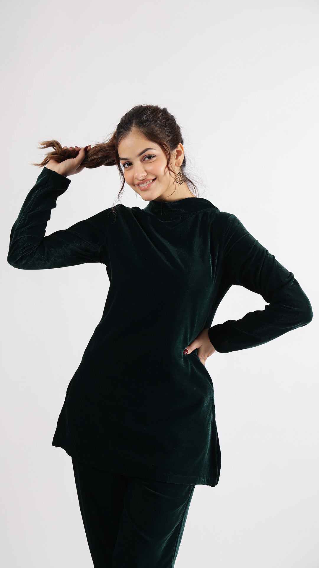 Dark Green Boat Neck Velvet Detailed Co-ord Set | Co-Ord Set | Shop stylish women's clothing online at Label Flavia |