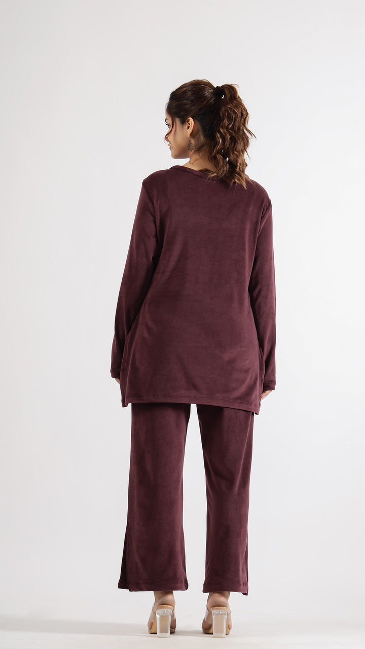 Luxurious Burgundy Velvet Lounge Wear Set – Soft & Stylish