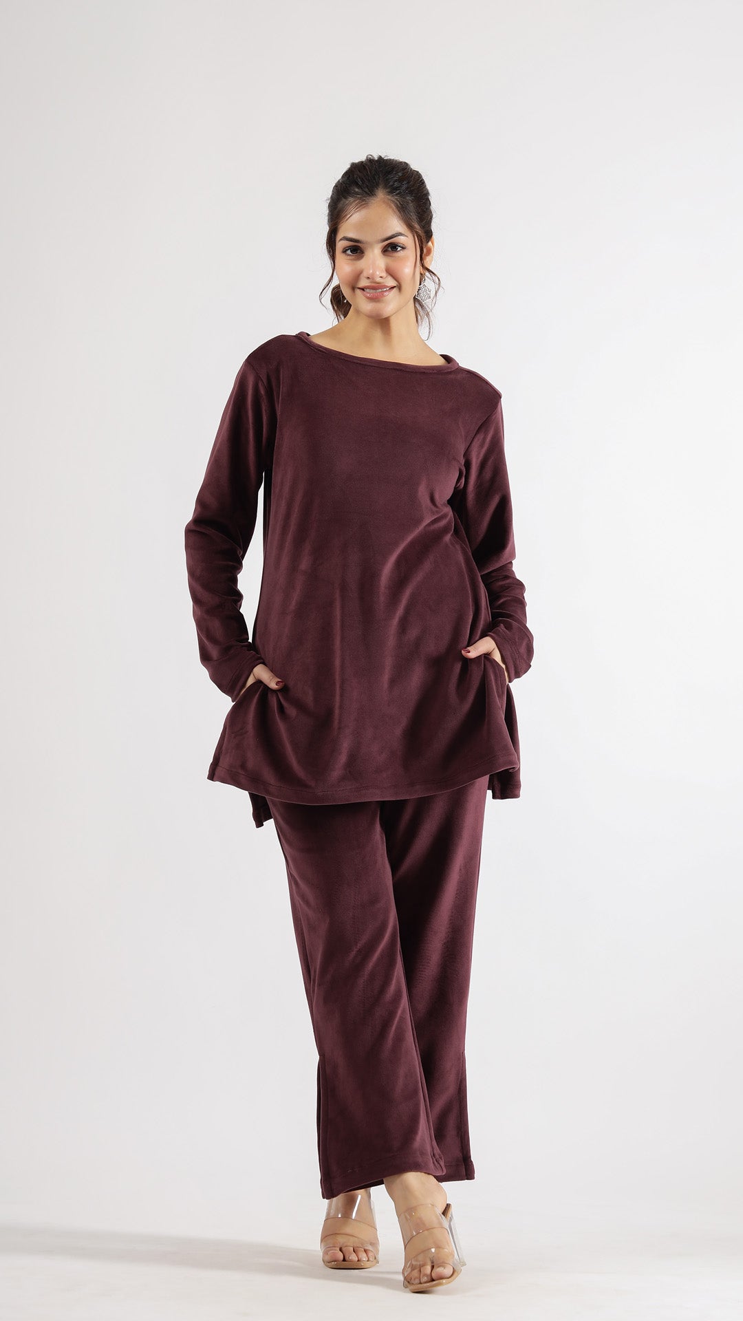 Luxurious Burgundy Velvet Lounge Wear Set – Soft & Stylish