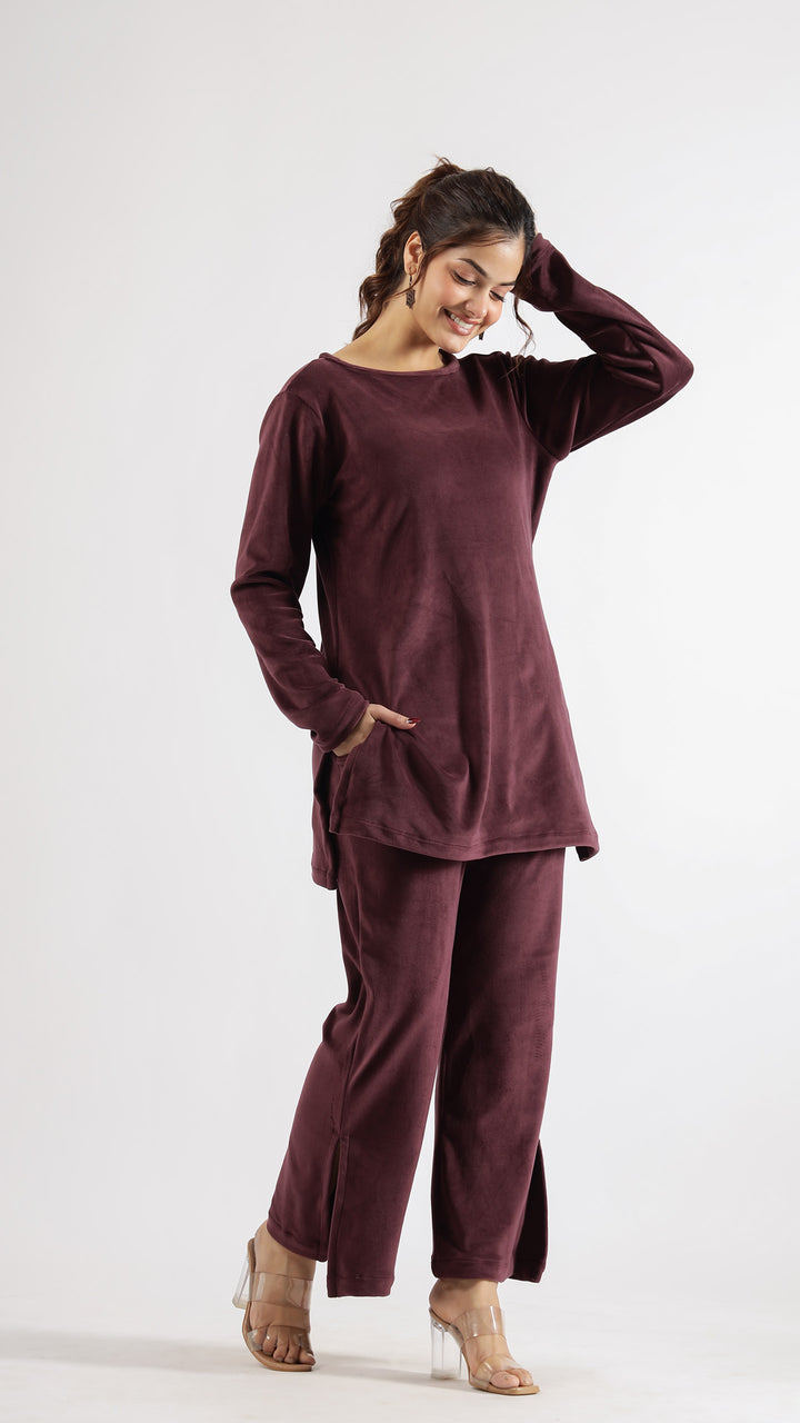 Luxurious Burgundy Velvet Lounge Wear Set – Soft & Stylish