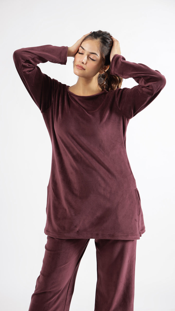 Luxurious Burgundy Velvet Lounge Wear Set – Soft & Stylish