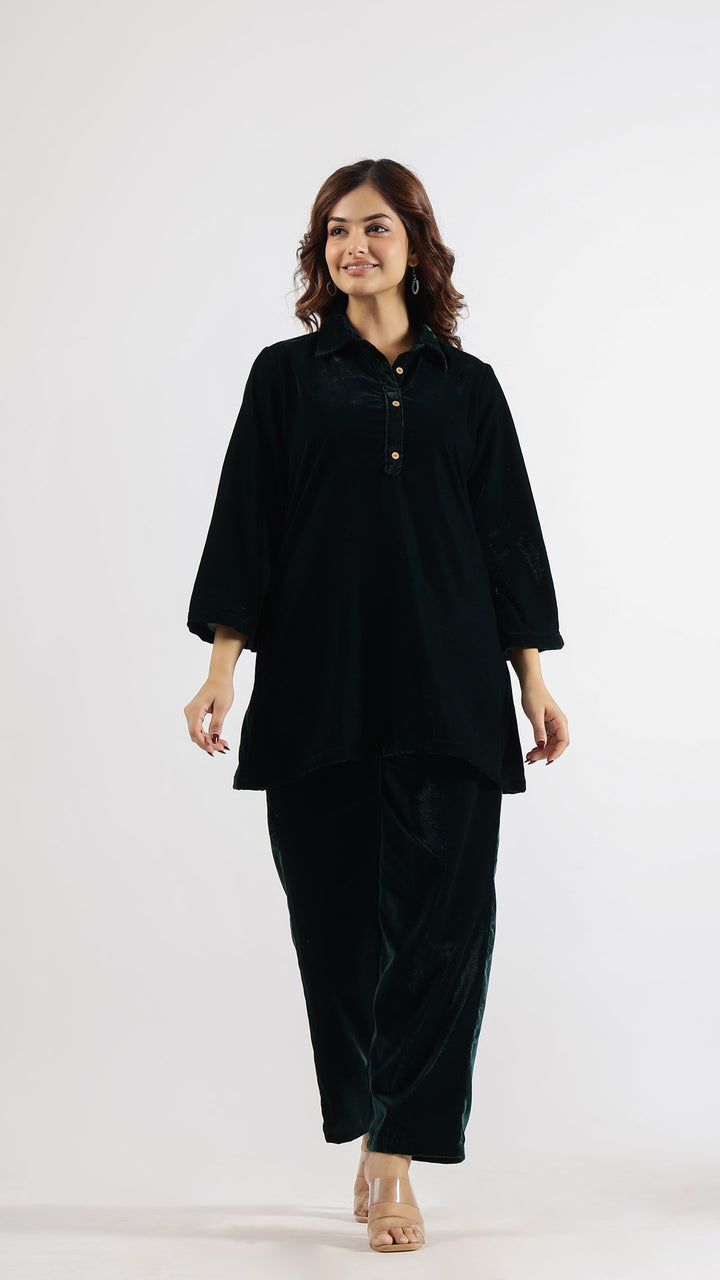 Elegant Dark Green Velvet Lounge Wear Set – Classic Comfort & Sophistication | Co-Ord Set | Shop stylish women's clothing online at Label Flavia |