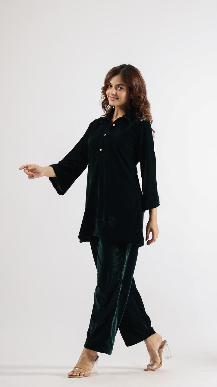 Elegant Dark Green Velvet Lounge Wear Set – Classic Comfort & Sophistication | Co-Ord Set | Shop stylish women's clothing online at Label Flavia |