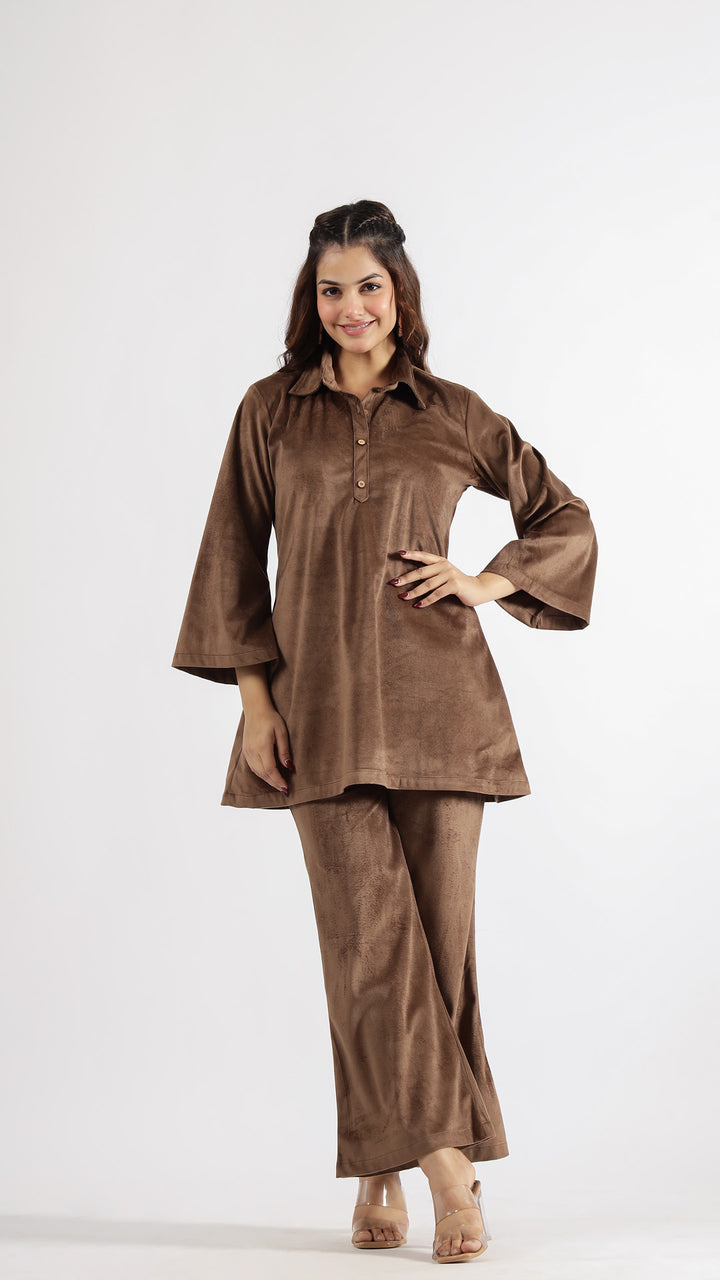 Elegant Chocolate Velvet Lounge Wear Set – Classic Comfort & Sophistication | Co-Ord Set | Shop stylish women's clothing online at Label Flavia |