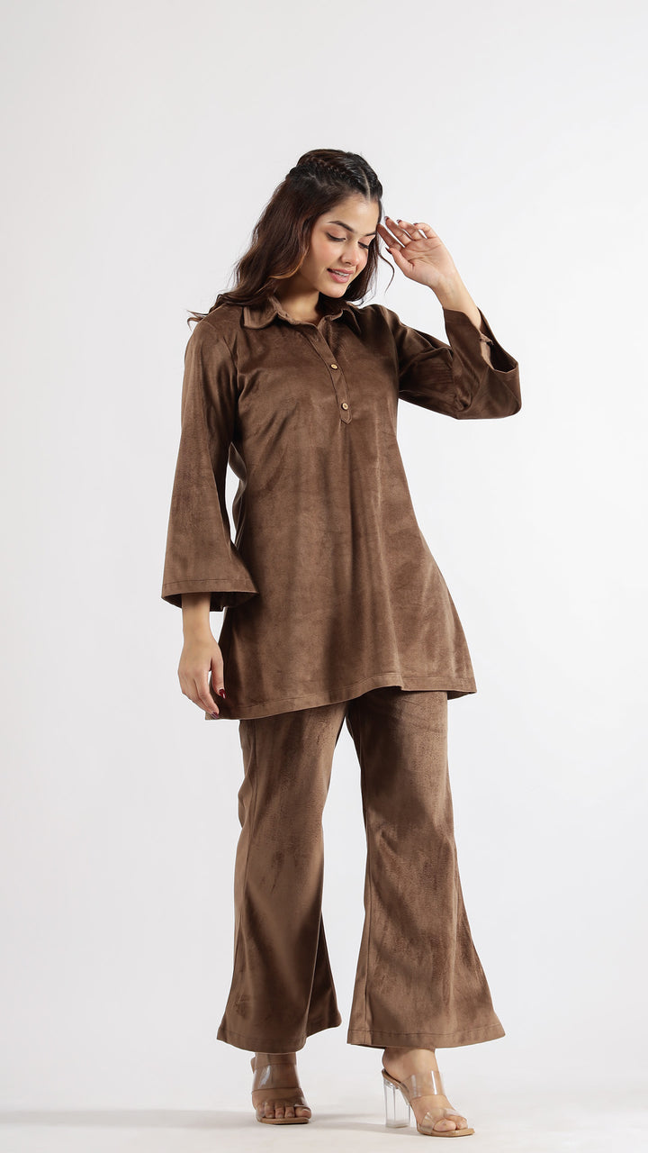 Elegant Chocolate Velvet Lounge Wear Set – Classic Comfort & Sophistication | Co-Ord Set | Shop stylish women's clothing online at Label Flavia |