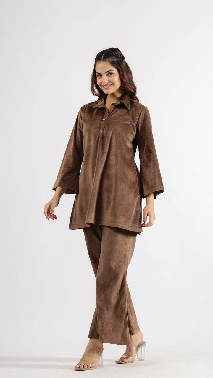 Elegant Chocolate Velvet Lounge Wear Set – Classic Comfort & Sophistication | Co-Ord Set | Shop stylish women's clothing online at Label Flavia |